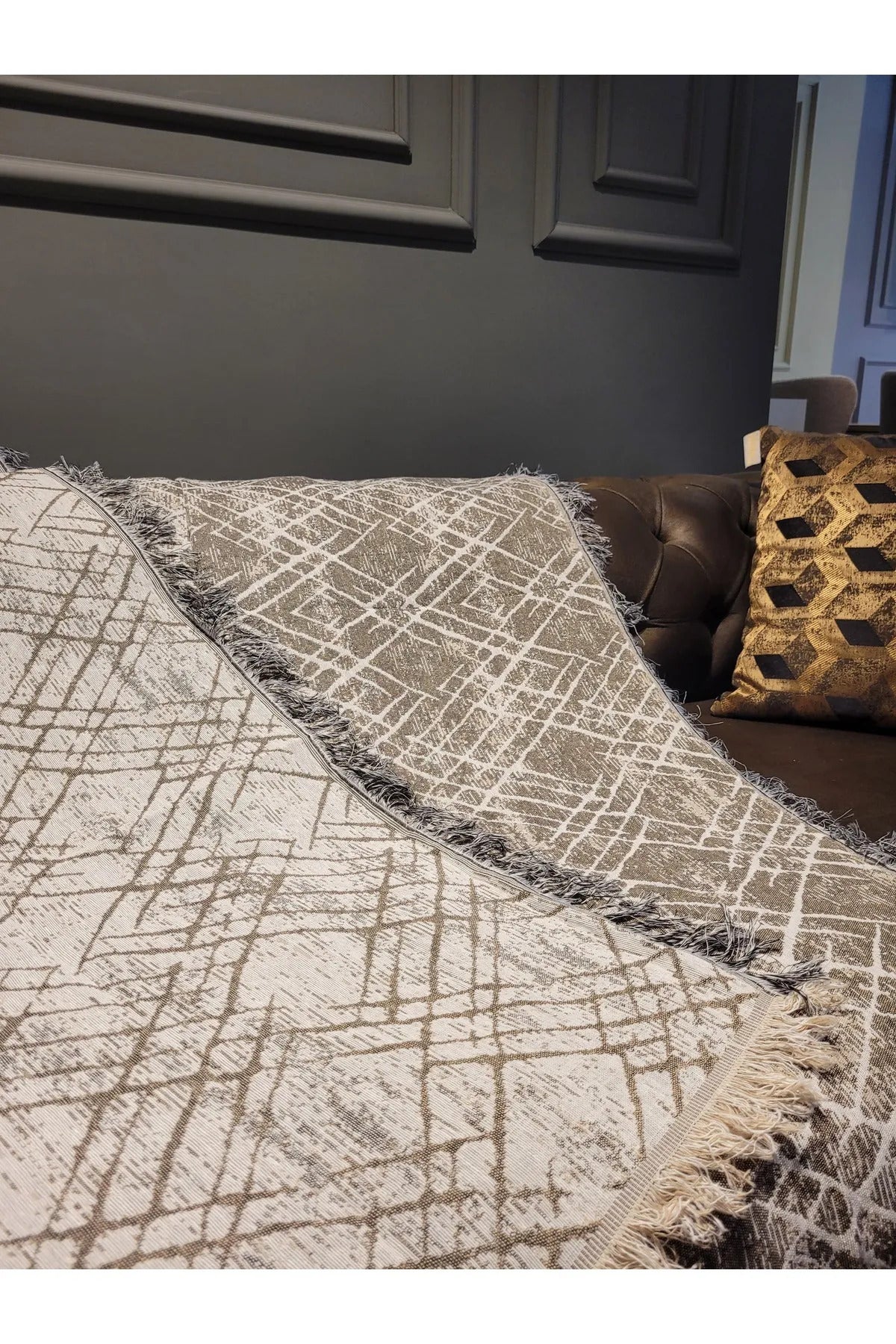 Ikili Set Dokuma Koltuk Örtüsü Seti 170x220cm - Çapraz Bej/Siyah