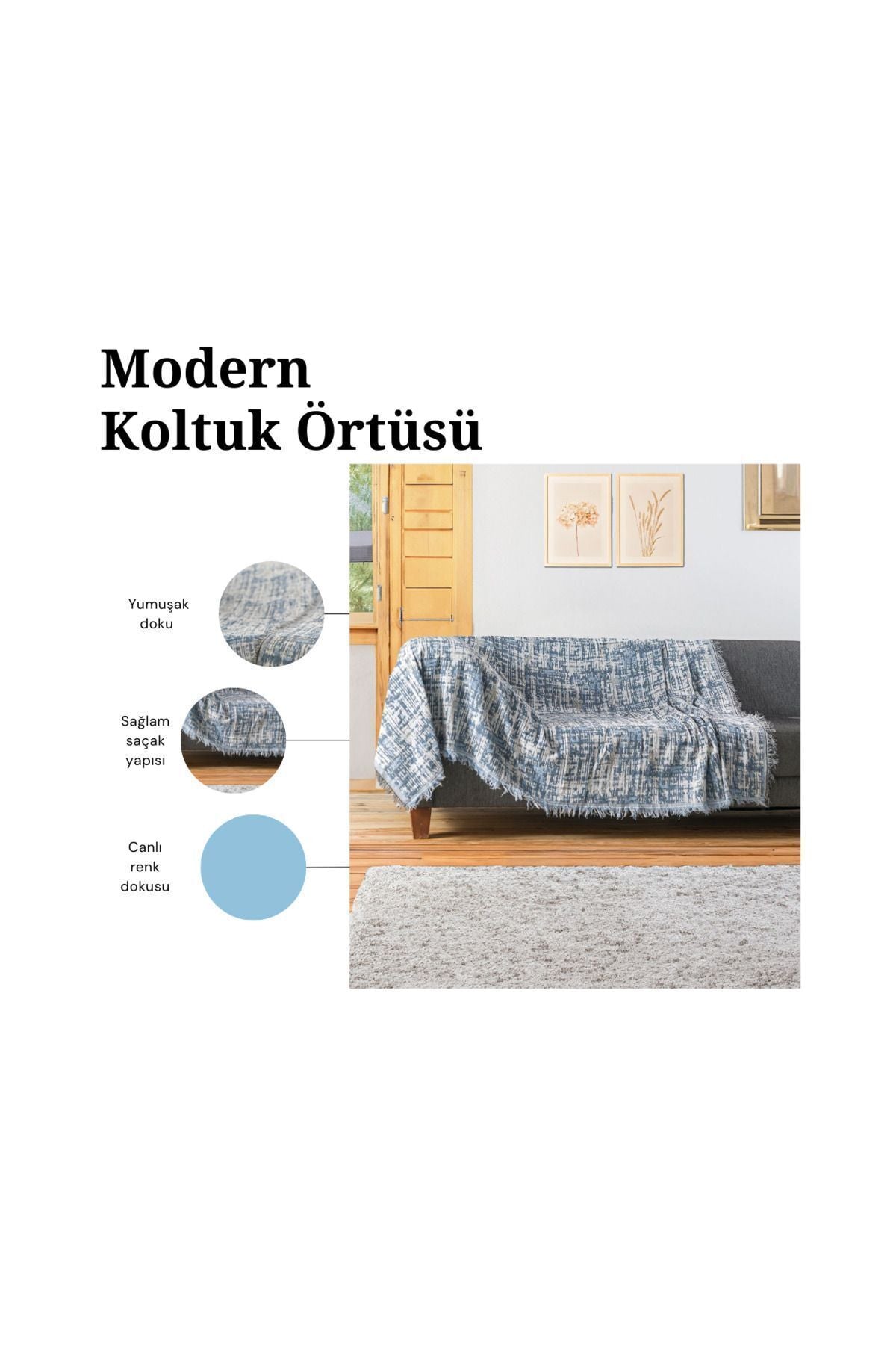 %100 Pamuklu Lüks Kaymaz Koltuk Örtüsü - Koltuk Şalı - Çok Amaçlı Örtü - Bej/Mavi/Gri