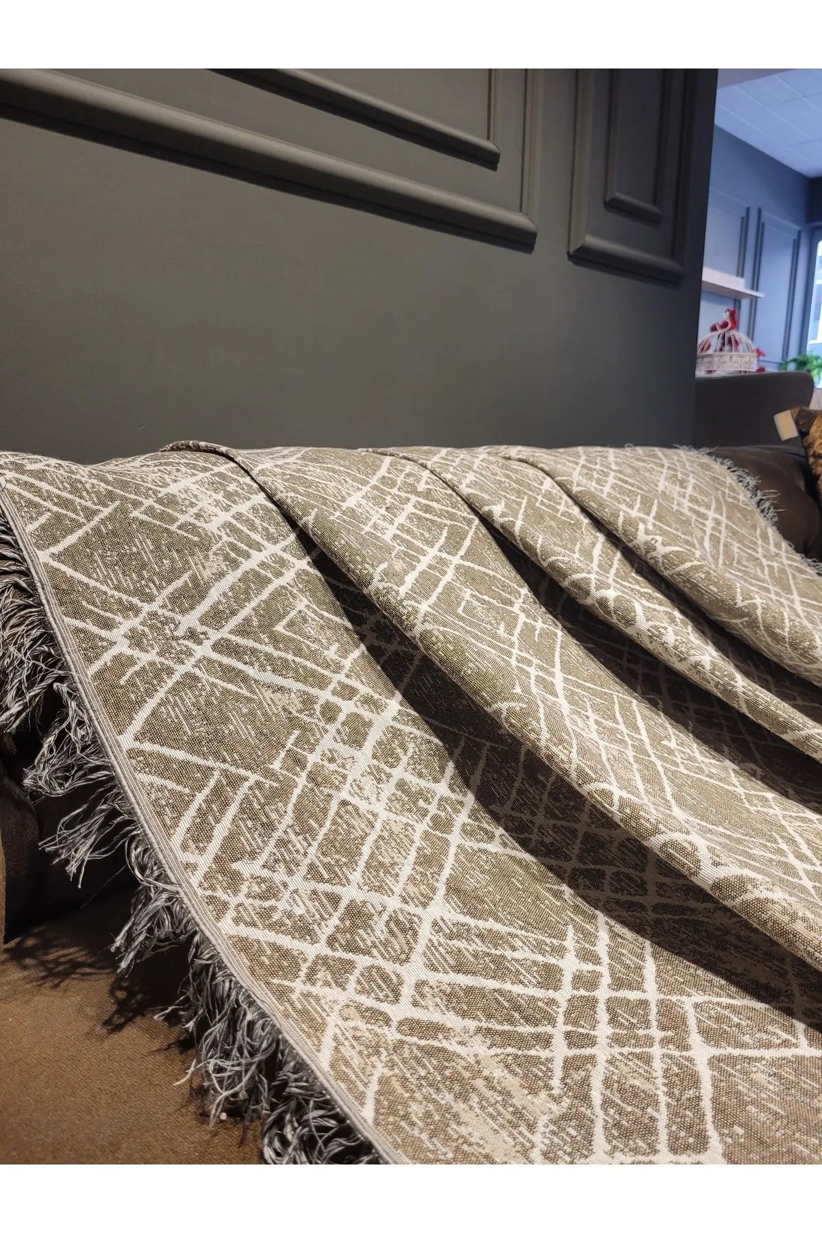 Ikili Set Dokuma Koltuk Örtüsü Seti 170x220cm - Çapraz Bej/Siyah