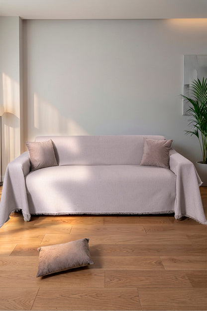 Pamuklu Dokulu Koltuk Şalı 170x300 cm Battal Boy – Saçaklı TV Battaniyesi & Dekoratif Koltuk Örtüsü - Bej/Beyaz