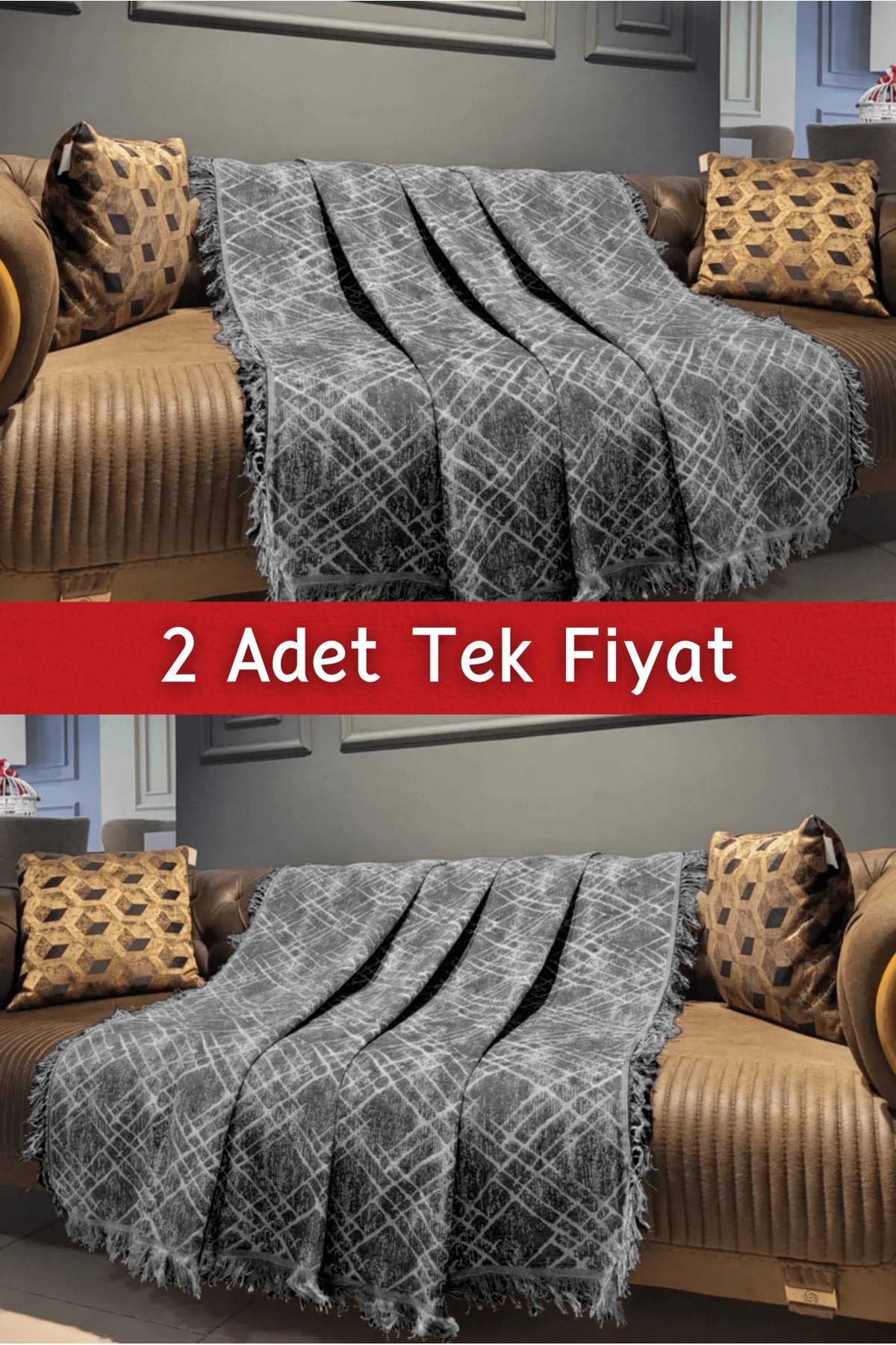 Ikili Set Dokuma Koltuk Örtüsü Seti 170x220cm - Çapraz Bej/Siyah
