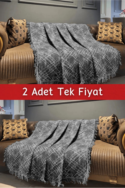 Ikili Set Dokuma Koltuk Örtüsü Seti 170x220cm - Çapraz Bej/Siyah