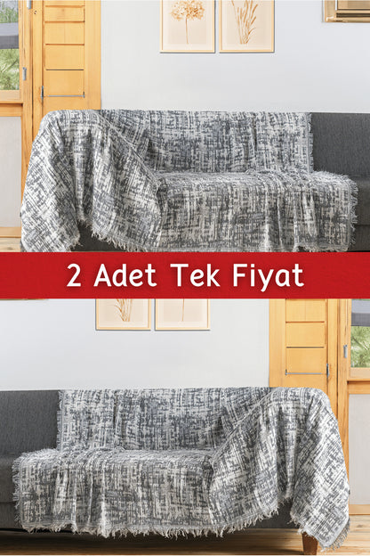 Ikili Set Dokuma Koltuk Örtüsü Seti 170x220cm - Gölge Gri
