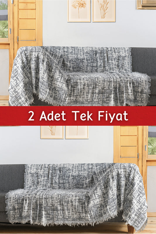 Ikili Set Dokuma Koltuk Örtüsü Seti 170x220cm - Gölge Gri
