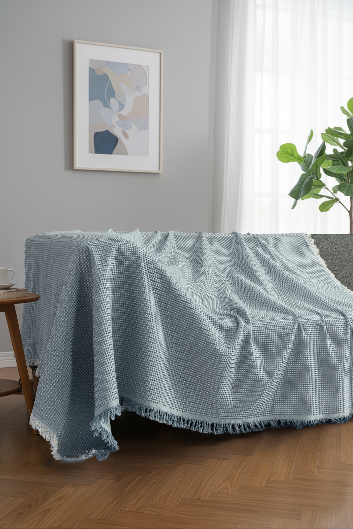 Pamuklu Dokulu Koltuk Şalı 170x220 cm – Saçaklı TV Battaniyesi & Dekoratif Koltuk Örtüsü - Ekru