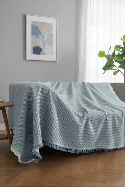 Pamuklu Dokulu Koltuk Şalı 170x220 cm – Saçaklı TV Battaniyesi & Dekoratif Koltuk Örtüsü - Ekru