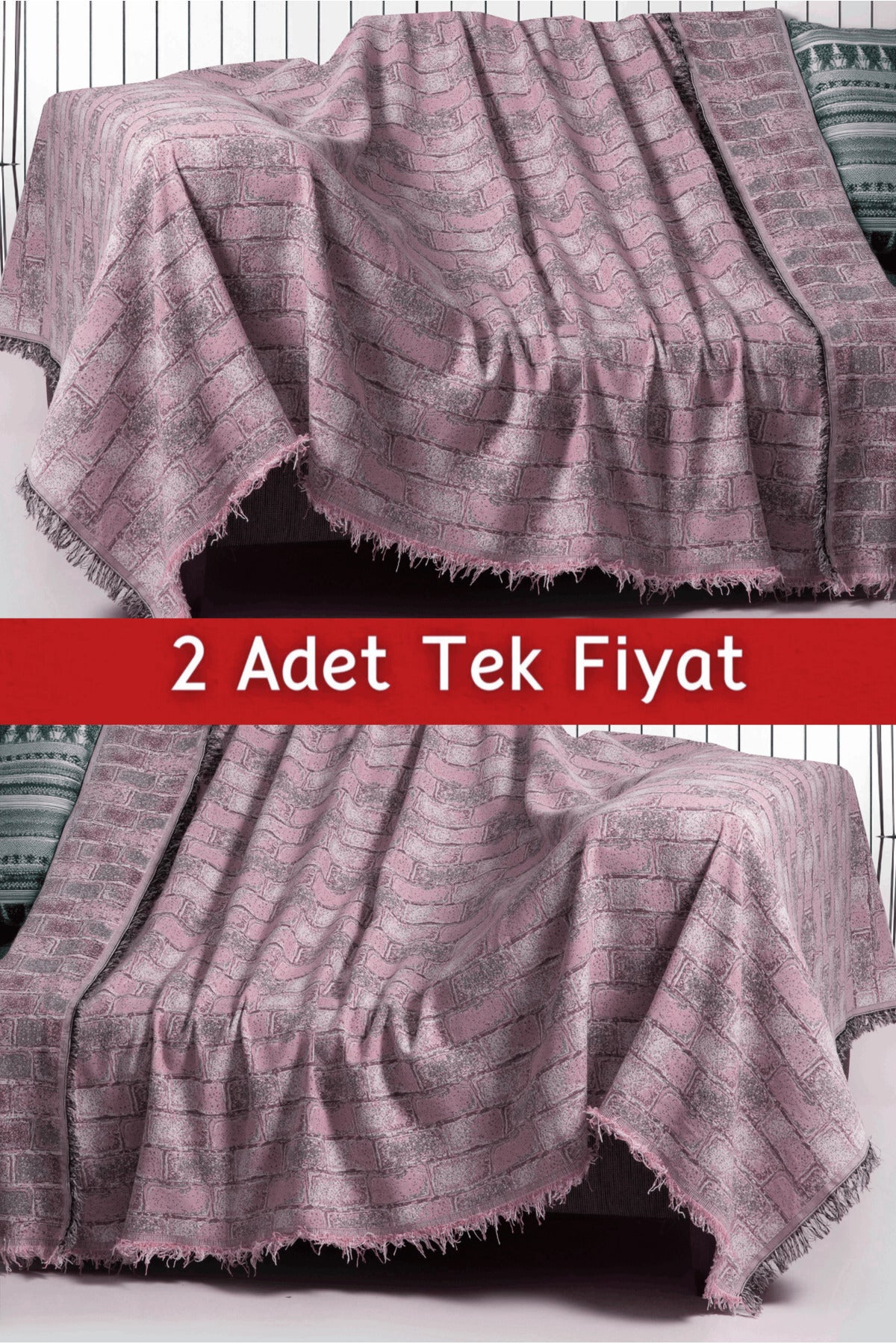 İkili Set Dokuma Koltuk Örtüsü Seti 170x220cm - Tuğla