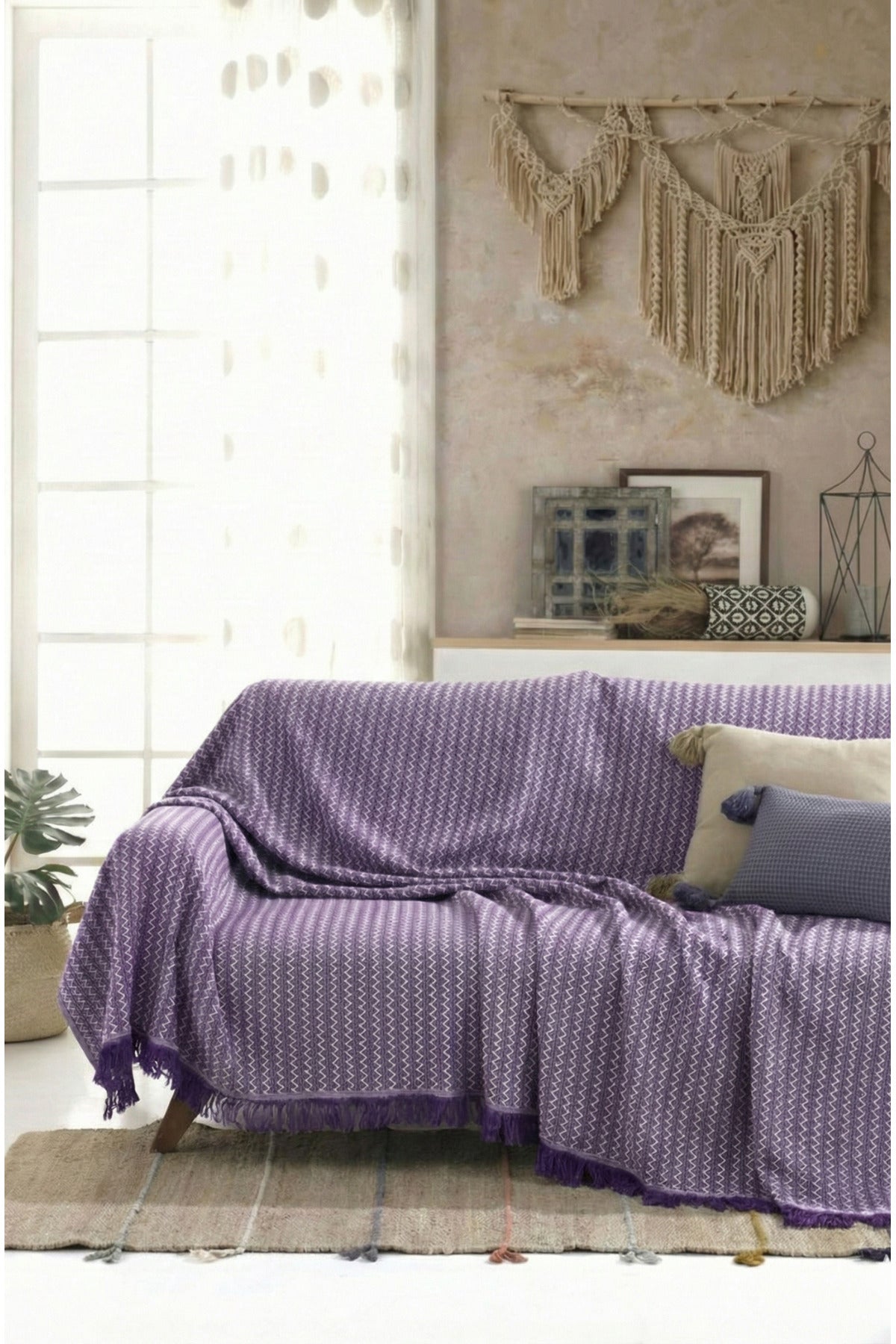 Pamuklu Saçaklı Koltuk Örtüsü Çok Amaçlı Örtü - Koltuk Şalı - Çekyat Örtüsü 170x220 cm