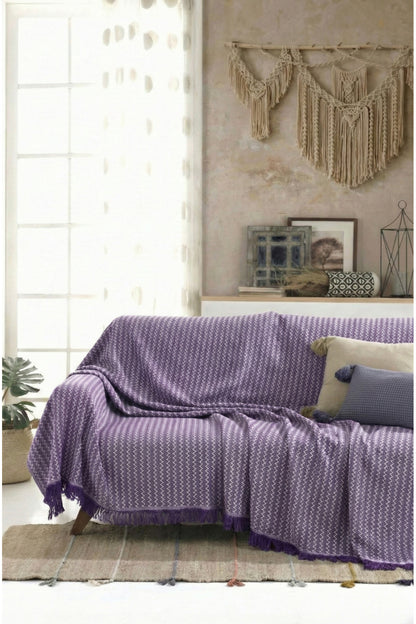 Pamuklu Saçaklı Koltuk Örtüsü Çok Amaçlı Örtü - Koltuk Şalı - Çekyat Örtüsü 170x220 cm