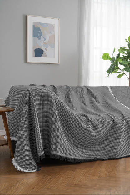 Pamuklu Dokulu Koltuk Şalı 170x220 cm – Saçaklı TV Battaniyesi & Dekoratif Koltuk Örtüsü - Ekru