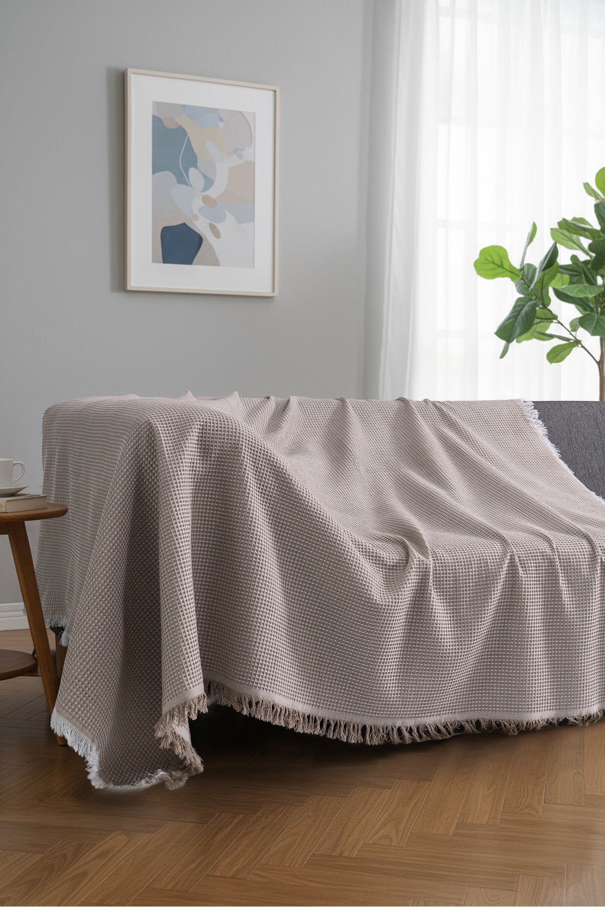 Pamuklu Dokulu Koltuk Şalı 170x220 cm – Saçaklı TV Battaniyesi & Dekoratif Koltuk Örtüsü - Ekru