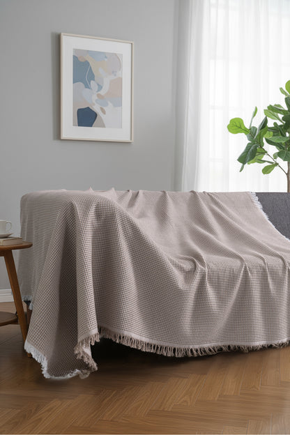 Pamuklu Dokulu Koltuk Şalı 170x220 cm – Saçaklı TV Battaniyesi & Dekoratif Koltuk Örtüsü - Ekru