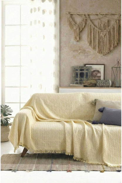 Pamuklu Saçaklı Koltuk Örtüsü Çok Amaçlı Örtü - Koltuk Şalı - Çekyat Örtüsü 170x220 cm