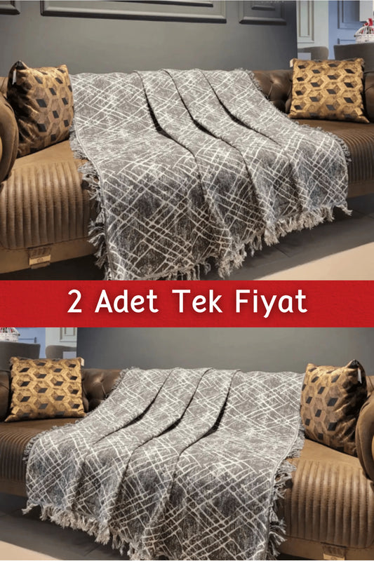 Ikili Set Dokuma Koltuk Örtüsü Seti 170x220cm - Çapraz Gri