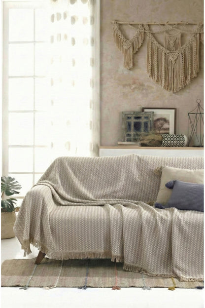 Pamuklu Saçaklı Koltuk Örtüsü Çok Amaçlı Örtü - Koltuk Şalı - Çekyat Örtüsü 170x220 cm