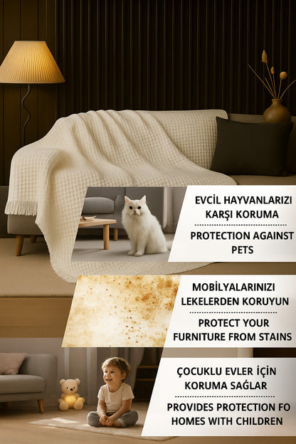 Pamuklu Dokulu Ekru Koltuk Şalı 170x220 cm – Saçaklı TV Battaniyesi & Dekoratif Koltuk Örtüsü
