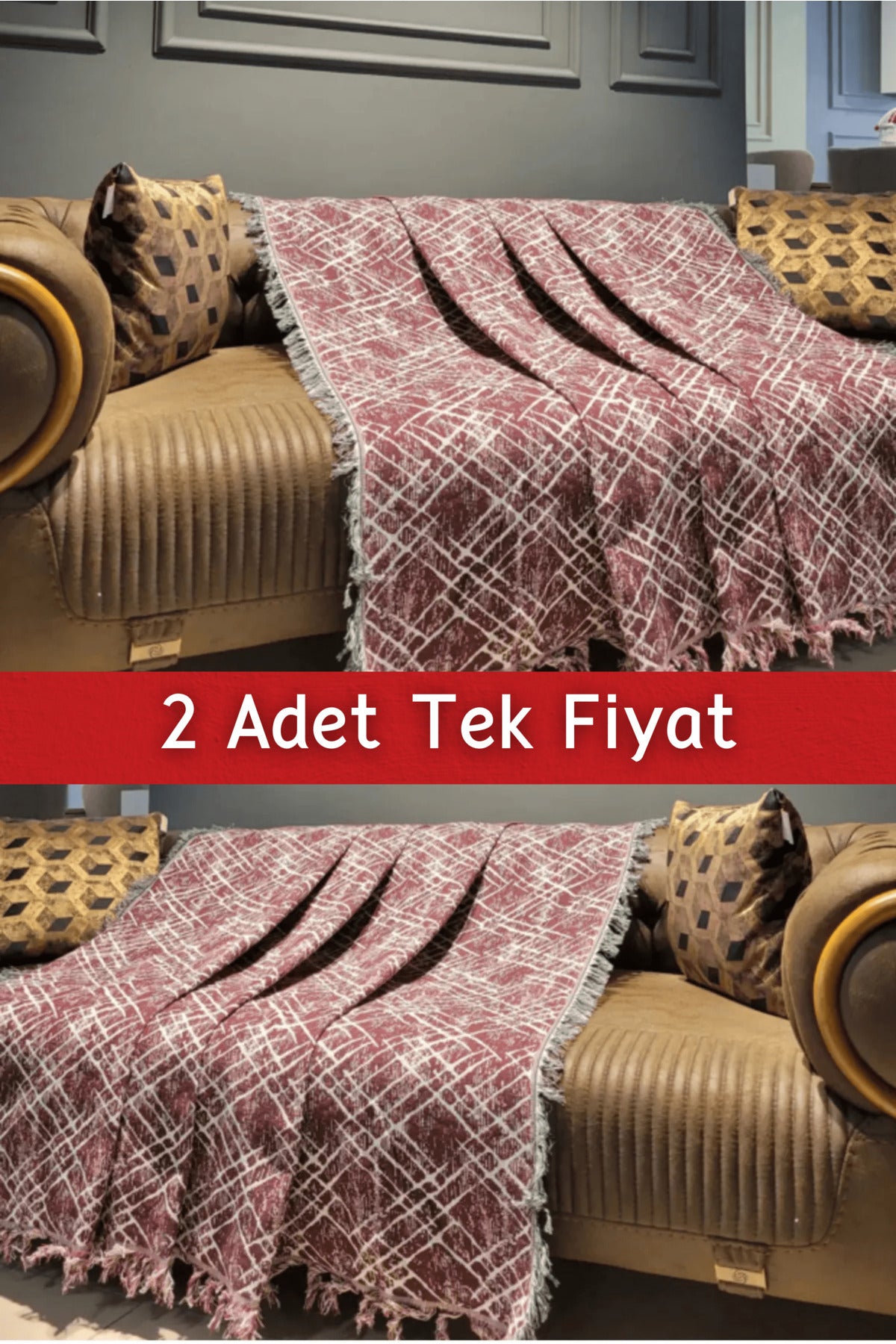 Ikili Set Dokuma Koltuk Örtüsü Seti 170x220cm - Bordo