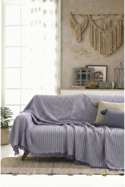 Pamuklu Saçaklı Koltuk Örtüsü Çok Amaçlı Örtü - Koltuk Şalı - Çekyat Örtüsü 170x220 cm