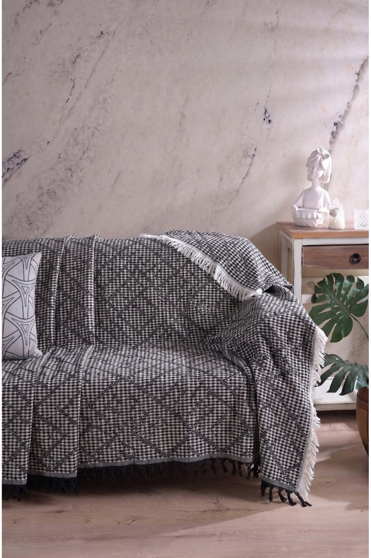Pamuklu Dokulu Koltuk Şalı 170x220 cm – Saçaklı TV Battaniyesi & Dekoratif Koltuk Örtüsü