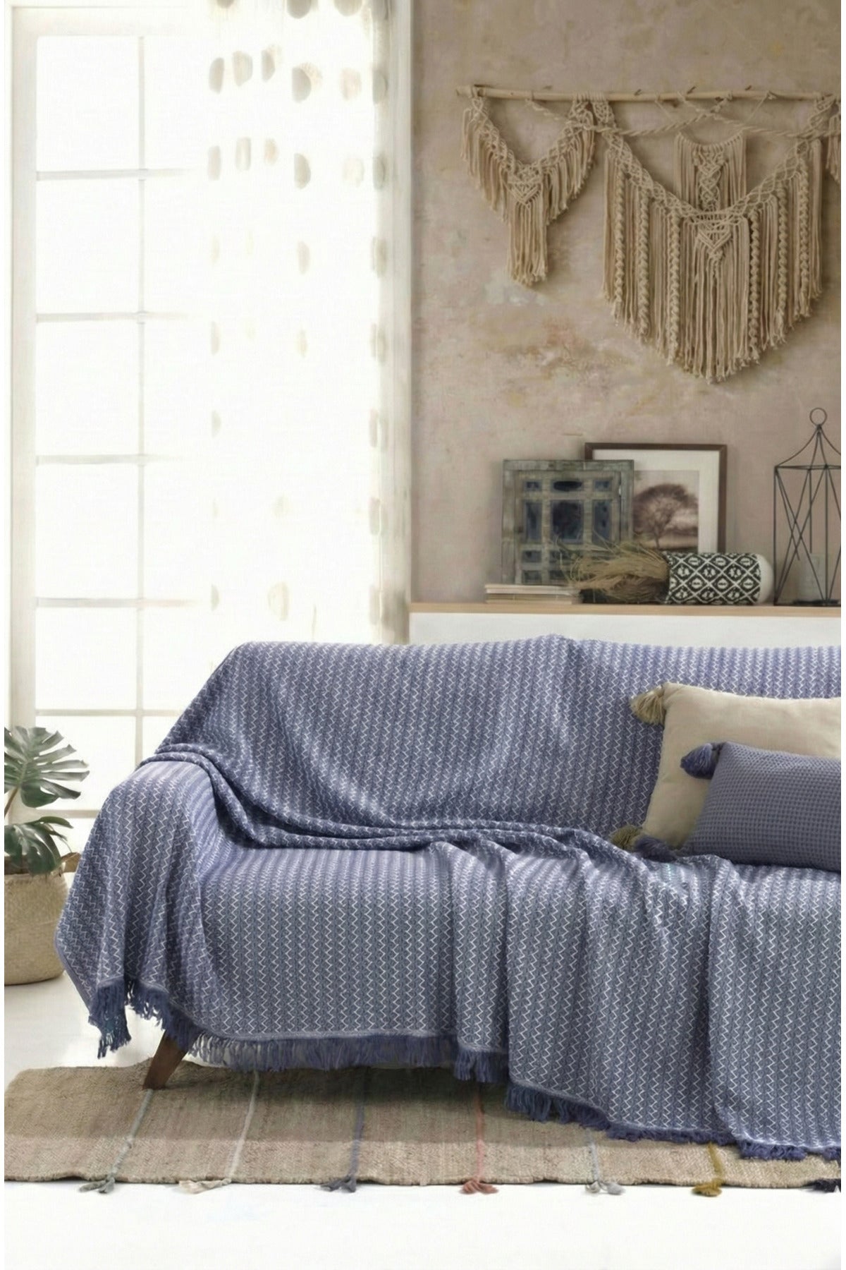 Pamuklu Saçaklı Koltuk Örtüsü Çok Amaçlı Örtü - Koltuk Şalı - Çekyat Örtüsü 170x220 cm