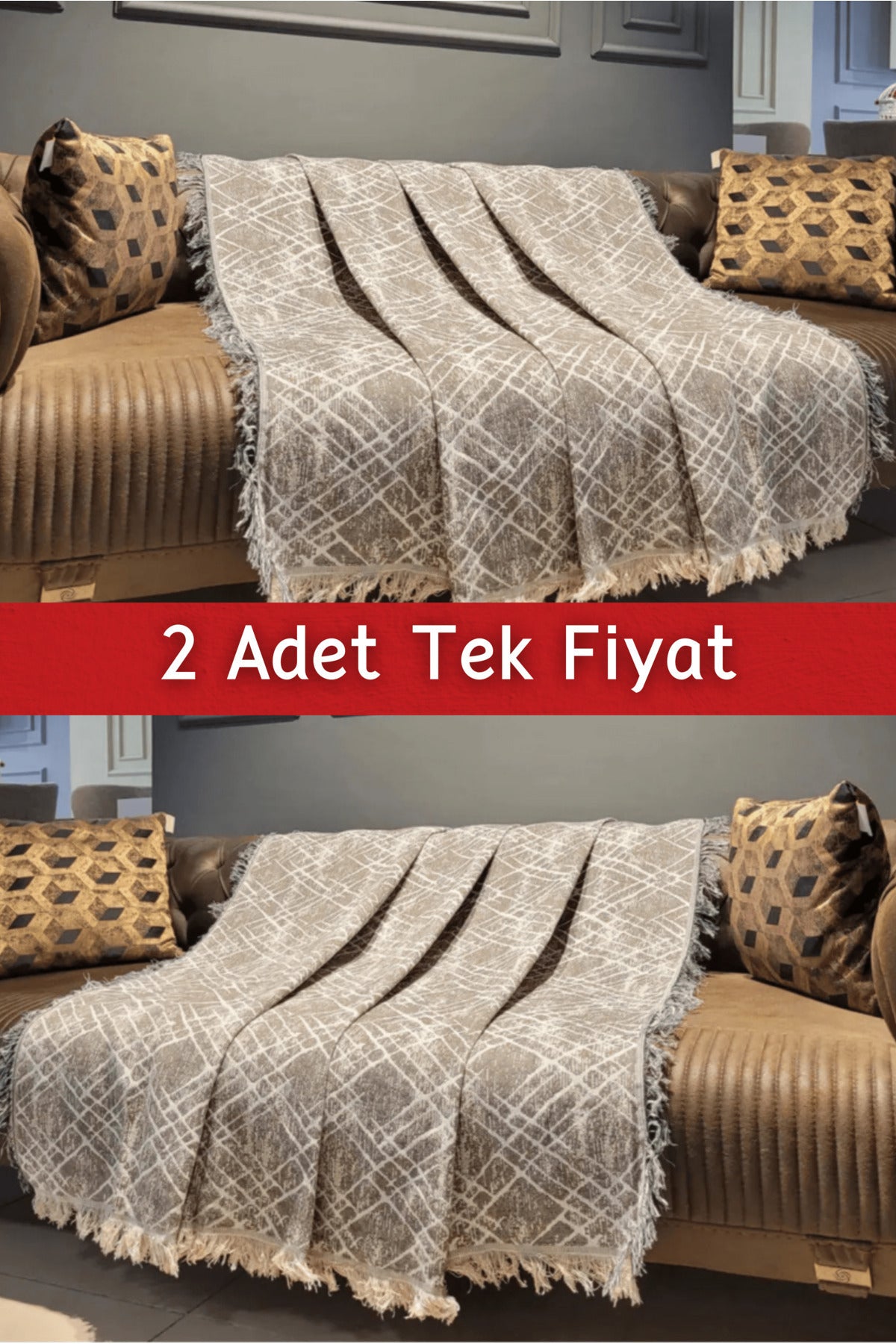 Ikili Set Dokuma Koltuk Örtüsü Seti 170x220cm - Çapraz Bej/Siyah