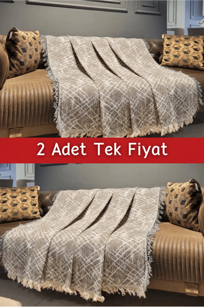 Ikili Set Dokuma Koltuk Örtüsü Seti 170x220cm - Çapraz Bej/Siyah
