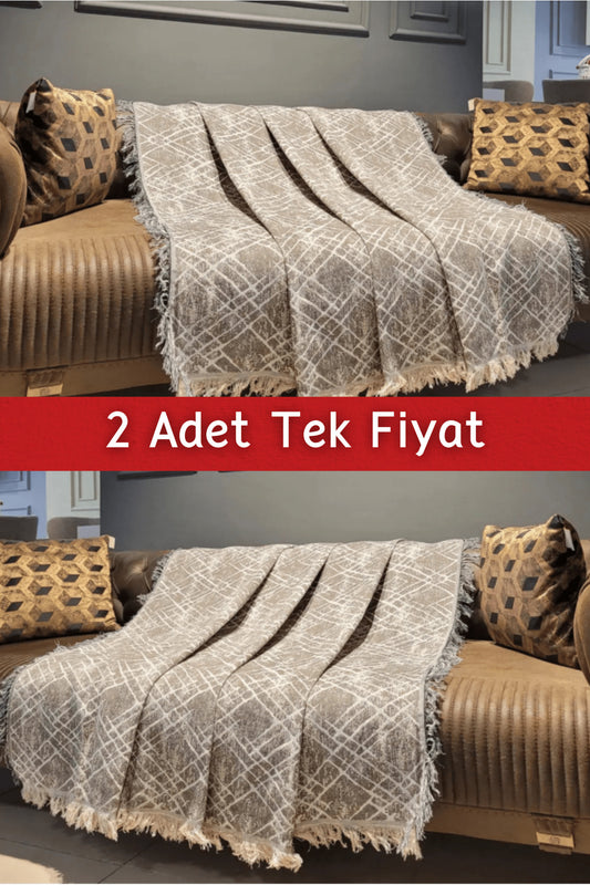 Ikili Set Dokuma Koltuk Örtüsü Seti 170x220cm - Çapraz Bej/Siyah