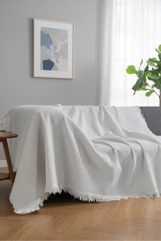 Pamuklu Dokulu Koltuk Şalı 170x220 cm – Saçaklı TV Battaniyesi & Dekoratif Koltuk Örtüsü - Ekru
