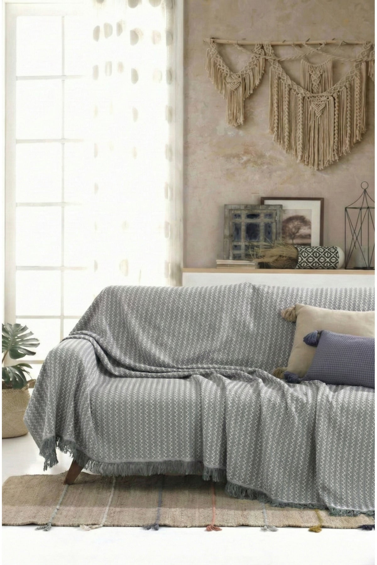 Pamuklu Saçaklı Koltuk Örtüsü Çok Amaçlı Örtü - Koltuk Şalı - Çekyat Örtüsü 170x220 cm
