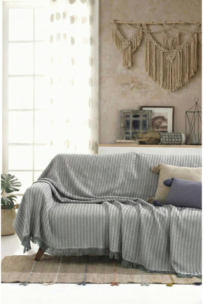 Pamuklu Saçaklı Koltuk Örtüsü Çok Amaçlı Örtü - Koltuk Şalı - Çekyat Örtüsü 170x220 cm