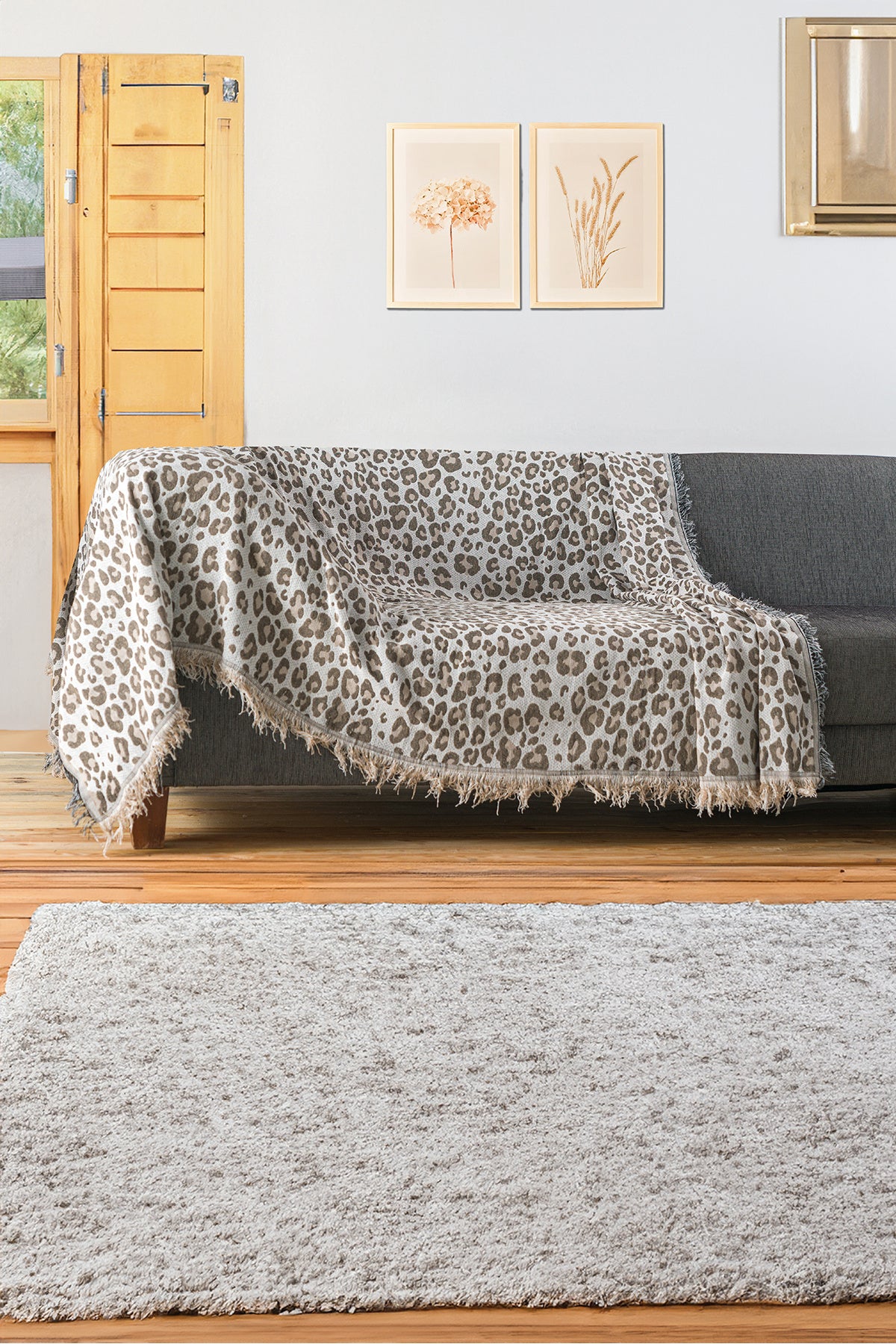 Ikili Set Dokuma Koltuk Örtüsü Seti 170x220cm - Leopar Bej