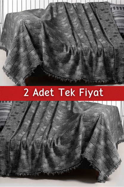 İkili Set Dokuma Koltuk Örtüsü Seti 170x220cm - Tuğla