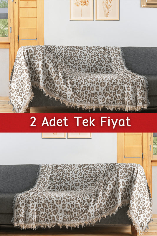 Ikili Set Dokuma Koltuk Örtüsü Seti 170x220cm - Leopar Bej
