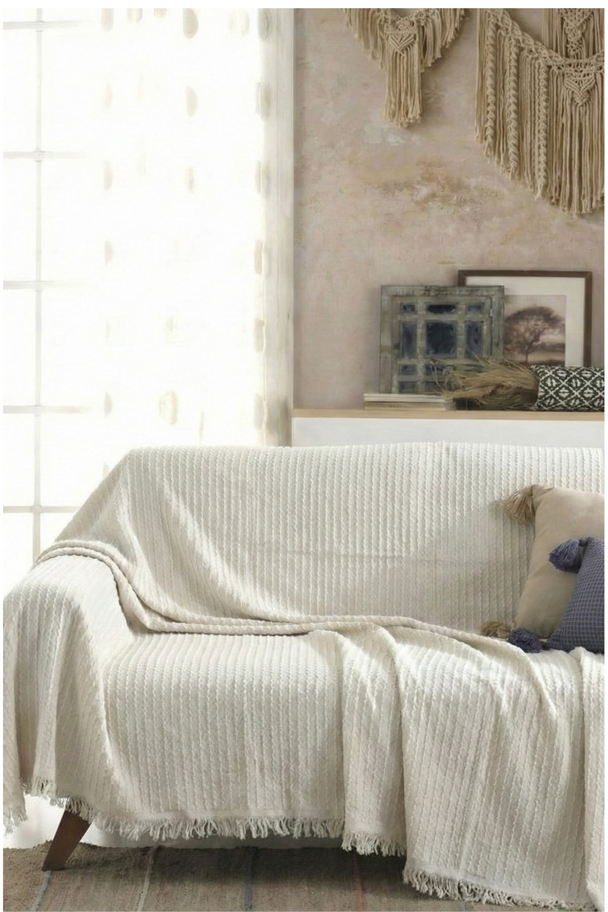Pamuklu Saçaklı Koltuk Örtüsü Çok Amaçlı Örtü - Koltuk Şalı - Çekyat Örtüsü 170x220 cm
