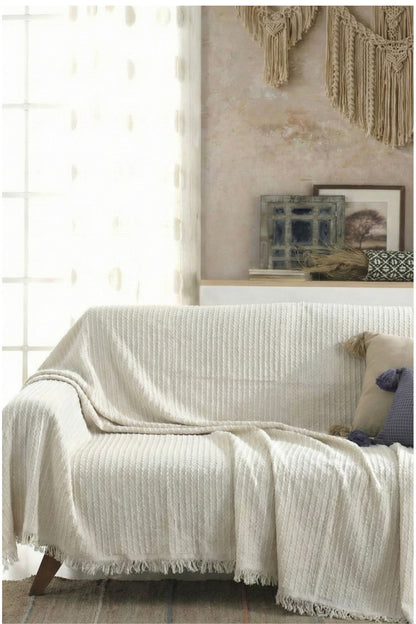 Pamuklu Saçaklı Koltuk Örtüsü Çok Amaçlı Örtü - Koltuk Şalı - Çekyat Örtüsü 170x220 cm