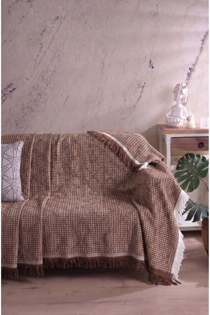 Pamuklu Dokulu Koltuk Şalı 170x220 cm – Saçaklı TV Battaniyesi & Dekoratif Koltuk Örtüsü