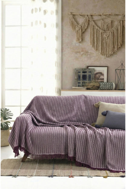 Pamuklu Saçaklı Koltuk Örtüsü Çok Amaçlı Örtü - Koltuk Şalı - Çekyat Örtüsü 170x220 cm