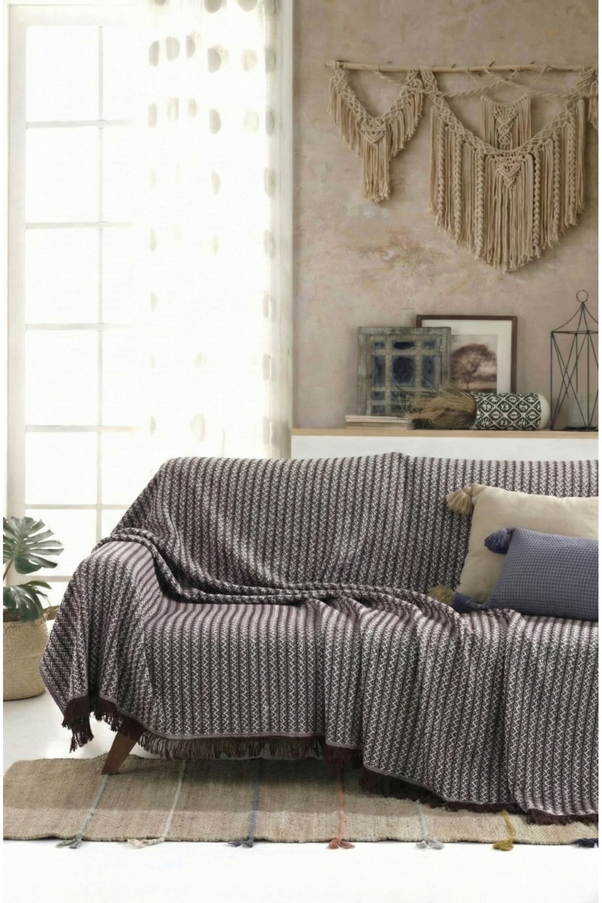 Pamuklu Saçaklı Koltuk Örtüsü Çok Amaçlı Örtü - Koltuk Şalı - Çekyat Örtüsü 170x220 cm