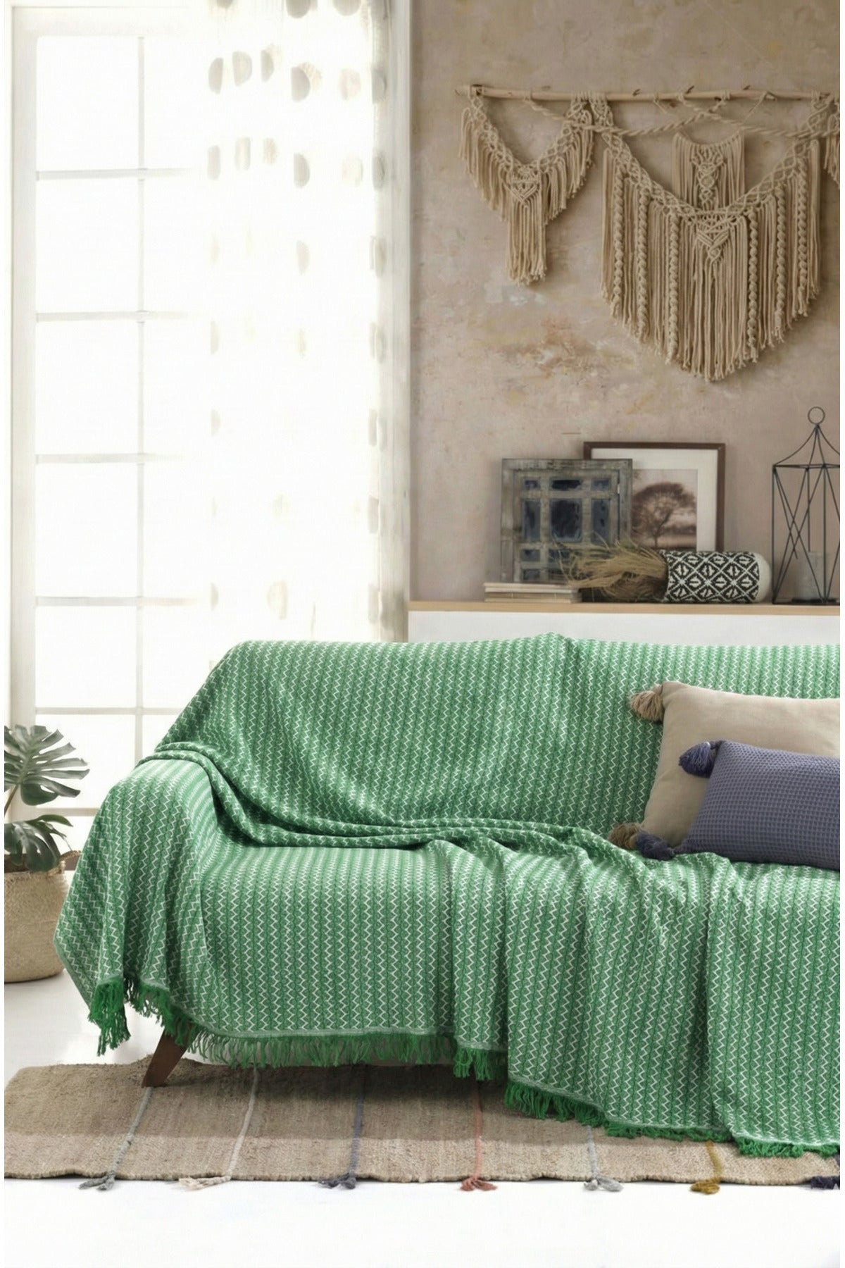 Pamuklu Saçaklı Koltuk Örtüsü Çok Amaçlı Örtü - Koltuk Şalı - Çekyat Örtüsü 170x220 cm