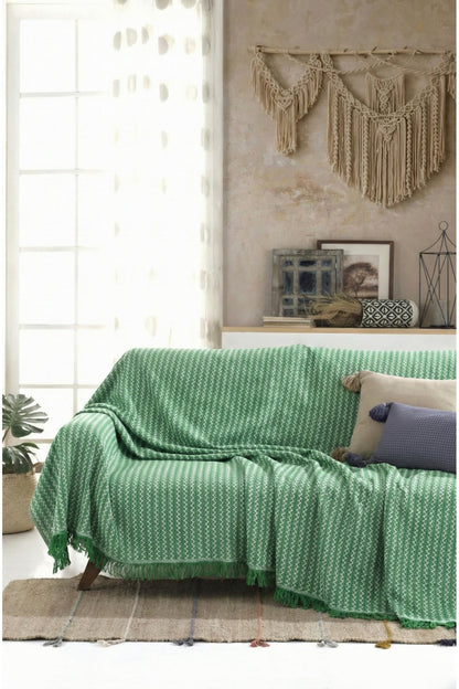 Pamuklu Saçaklı Koltuk Örtüsü Çok Amaçlı Örtü - Koltuk Şalı - Çekyat Örtüsü 170x220 cm