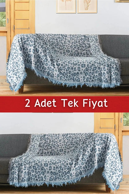 Ikili Set Dokuma Koltuk Örtüsü Seti 170x220cm - Leopar Mavi