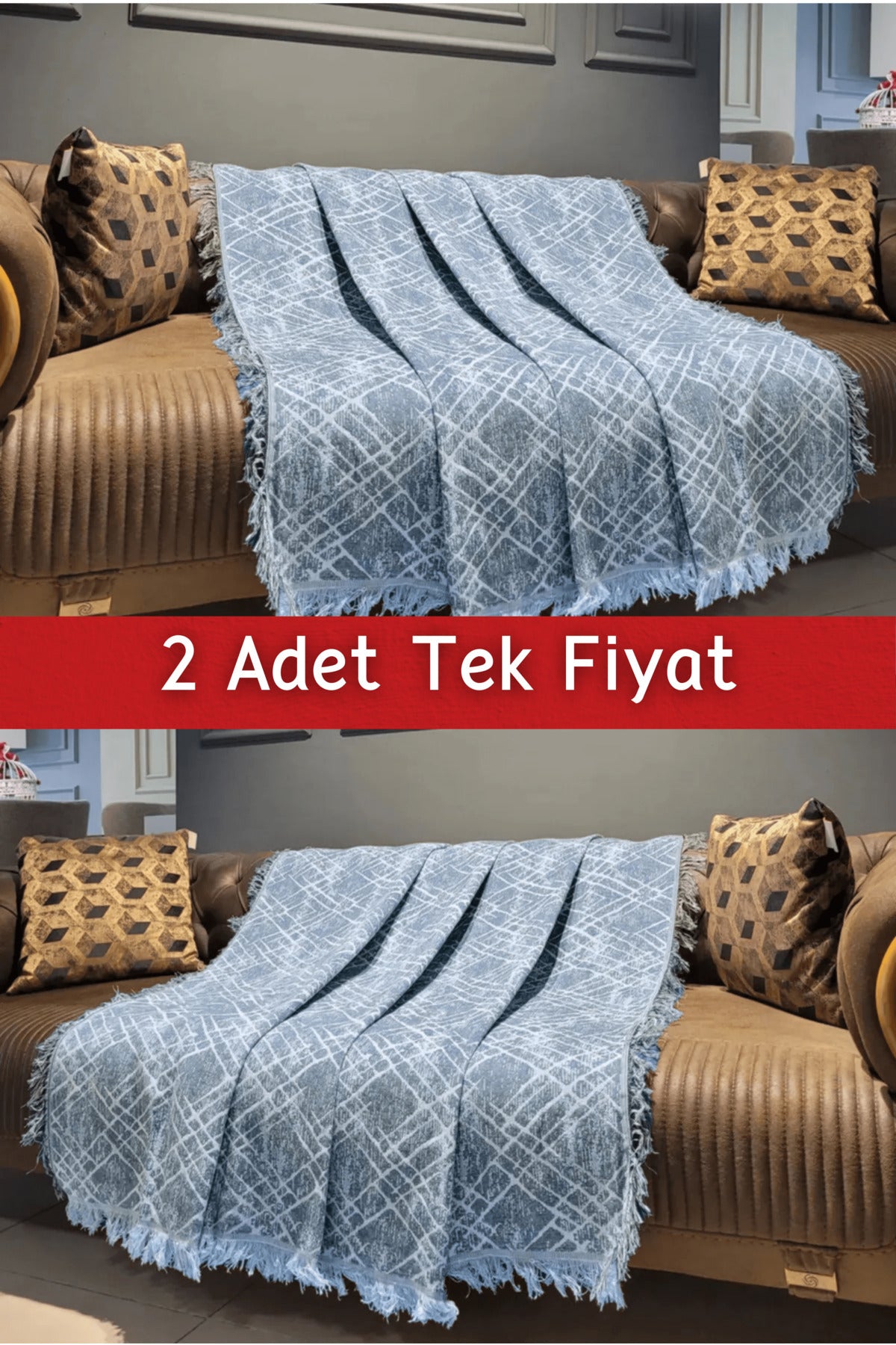 Ikili Set Dokuma Koltuk Örtüsü Seti 170x220cm - Geometrik Mavi