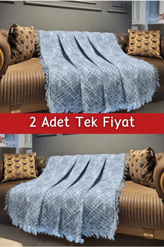 Ikili Set Dokuma Koltuk Örtüsü Seti 170x220cm - Geometrik Mavi